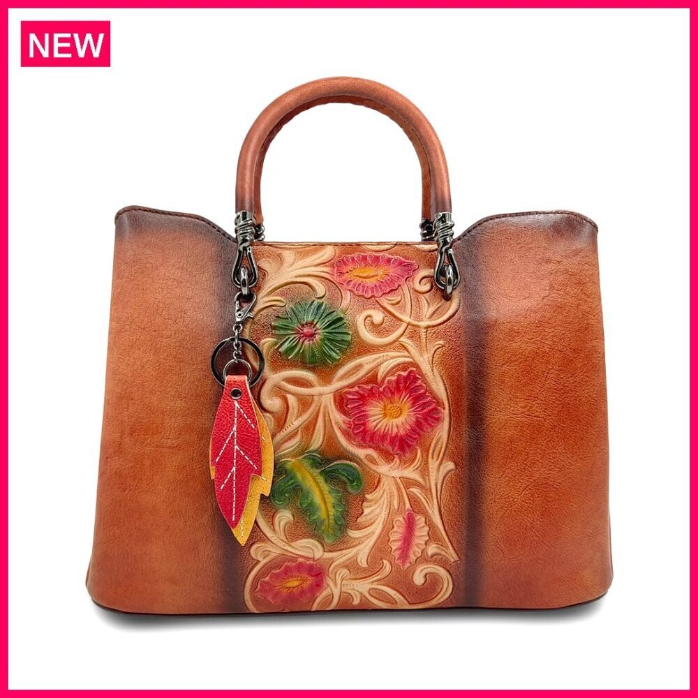Genuine Leather Crossbody Satchel with Floral Embossed Vintage Design